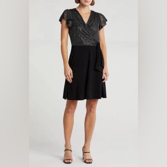 NWT Tiana B Ity Glitter Combo Flutter Wrap Dress - Picture 1 of 12